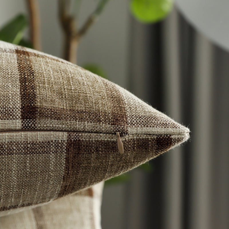 UGS UGASA UGASA Classic Retro Checkered Plaids Cotton Linen Cushion Cover Square Throw Pillow Cover 5 Tone Modern Farmhouse Cushion for Sofa, 18x18 Inch(45cm), Set of 2, Natural + Brown - Image 2